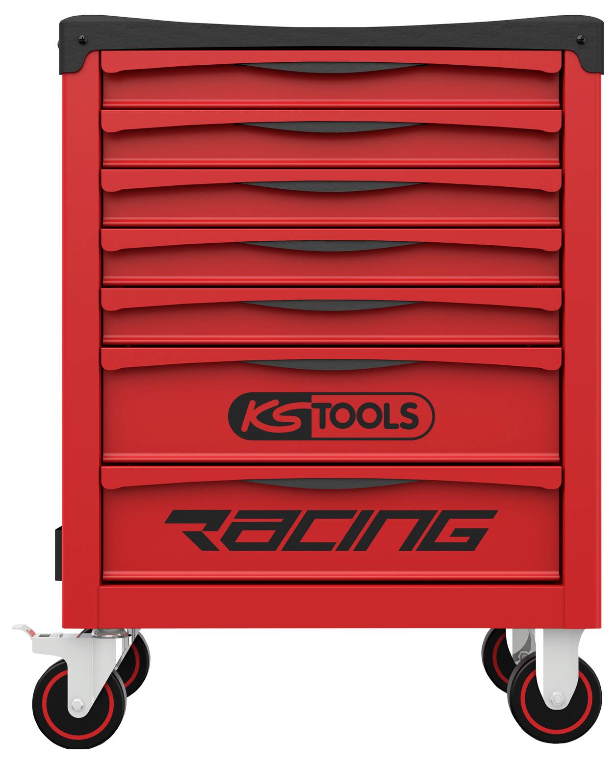 Cassettiera rossa con ruote girevoli dotata di più cassetti, loghi KS Tools e Racing, su quattro ruote girevoli.