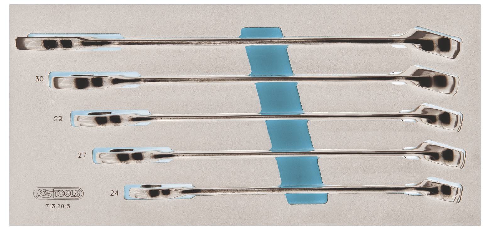 Set di cinque cacciaviti offset in acciaio inossidabile in un supporto, etichettati 24, 27, 29, 30 e 35, con accenti di presa blu.