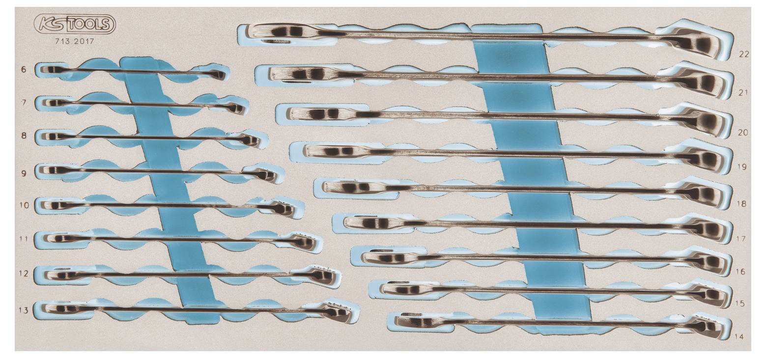 Set di chiavi in acciaio inossidabile disposte in file all'interno di una custodia con rivestimento blu, etichettate 'RS TOOLS' e '75 2017'.