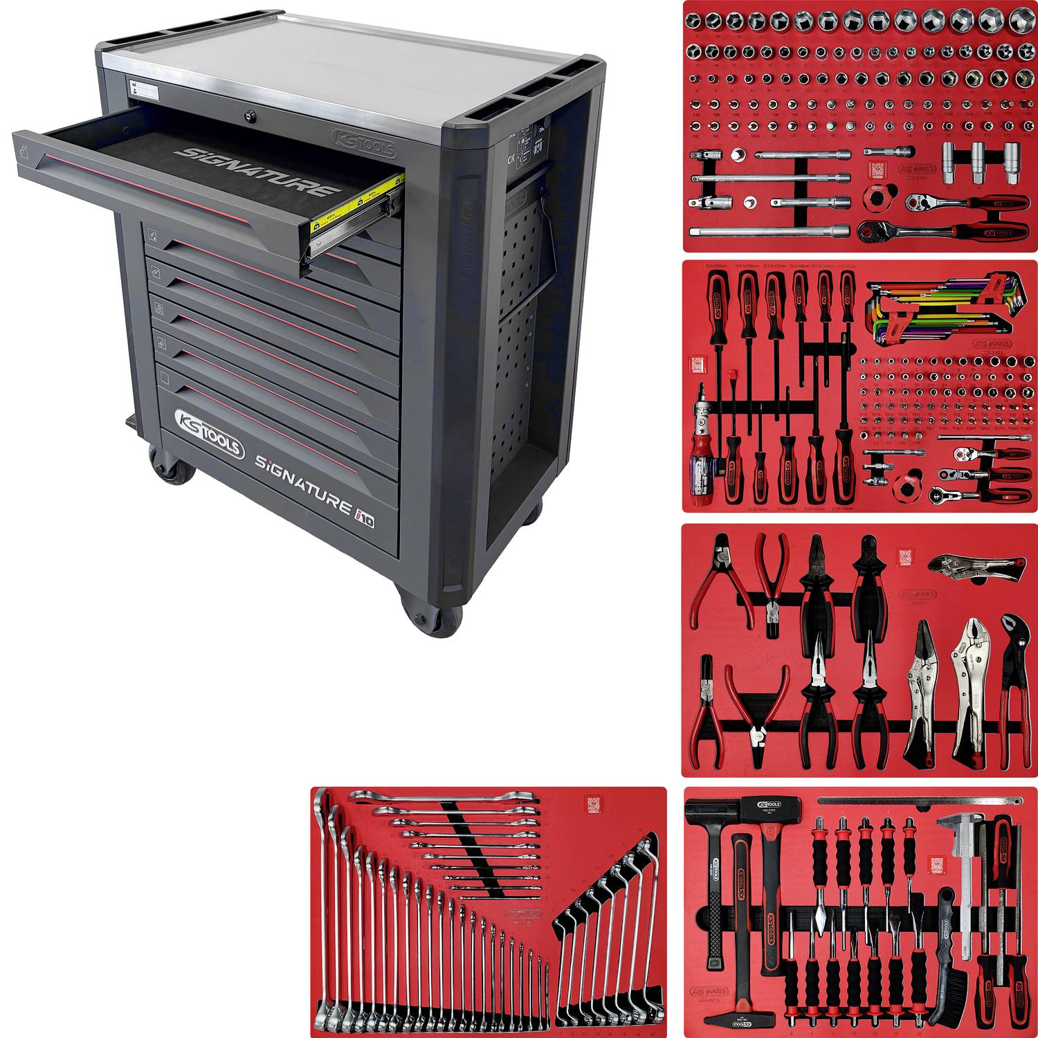 Cassettiera con ruote con cassetti aperti sulla sinistra, e tre pannelli organizzatori per attrezzi di colore rosso più un set di chiavi sulla destra che mostrano assortiti attrezzi manuali.