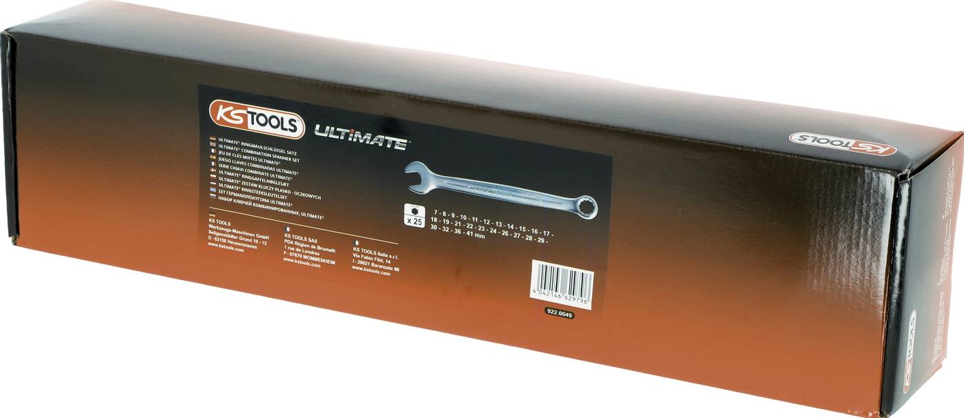 Confezione di set di chiavi inglesi ULTIMATE K-TOOLS con immagine del prodotto, marcature delle dimensioni e codice a barre su una confezione nero-arancione.