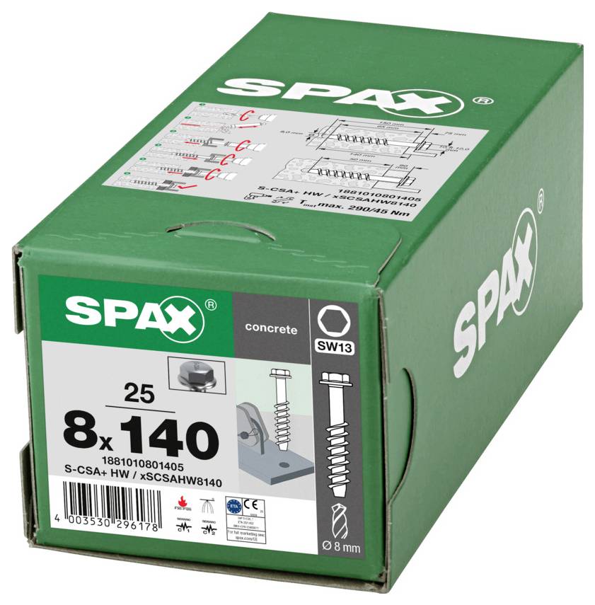 Scatola di viti per cemento SPAX verde etichettata '8x140' e 'SW13', mostrata nella confezione del prodotto con diagrammi delle viti.