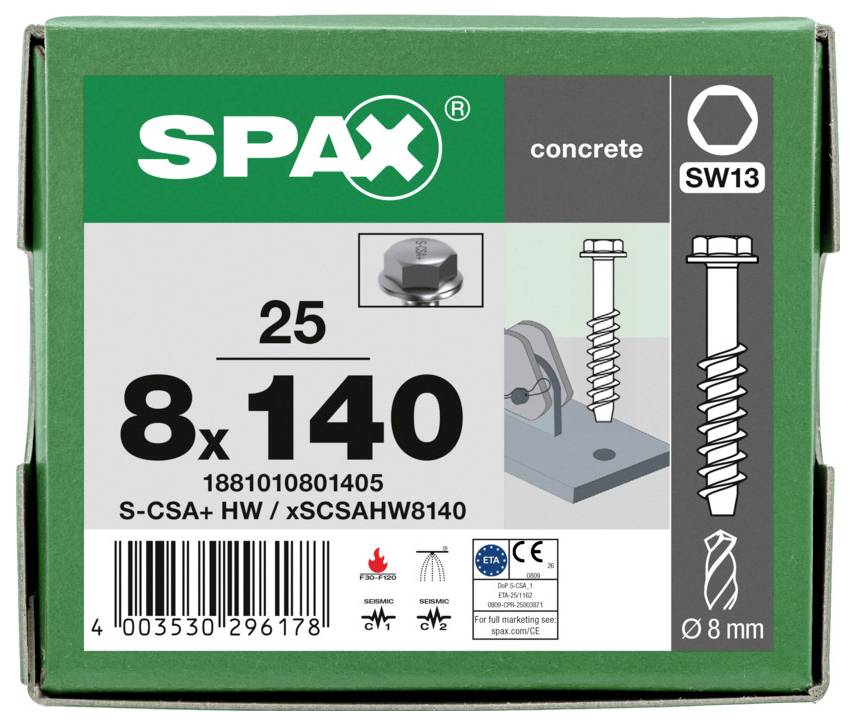 Vite per calcestruzzo SPAX confezione etichettata SW13, misura 8x140, confezione da 25 pezzi, con illustrazione della vite e codice a barre.