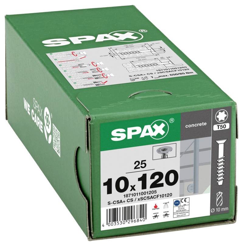 Scatola di viti SPAX verdi etichettata "10 x 120" per calcestruzzo, contrassegnata T50 e 10 mm, mostrata nella confezione del prodotto.