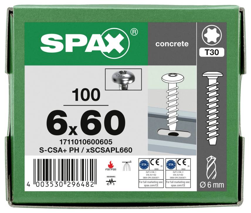 Scatola SPAX di 100 viti per cemento, misura 6 x 60 mm, con testa Phillips e icone di comando T30.
