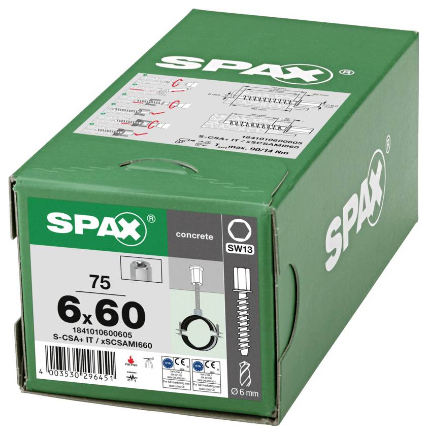 Scatola SPAX verde di viti per cemento, etichettata 6x60 e 'SW13', con diagrammi di prodotto e marcature di dimensione sulla parte anteriore e superiore.