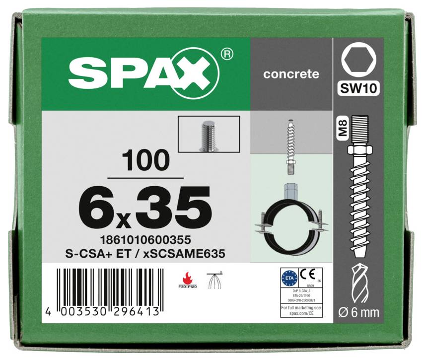 Scatola di viti per cemento SPAX, misura 6 x 35, confezione da 100, con icona punta da trapano ed etichette SW10, M8 e 6 mm.