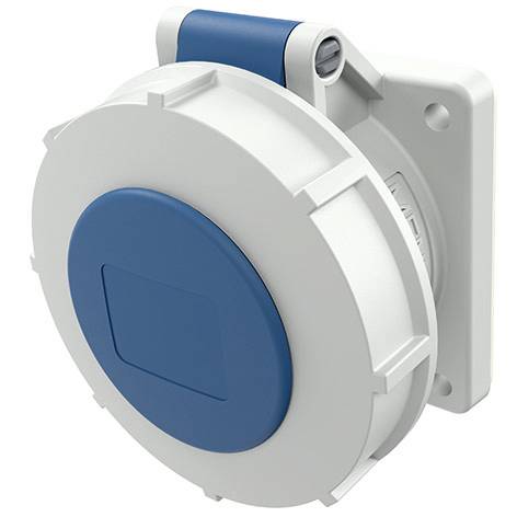 Presa elettrica industriale rotonda con coperchio blu montata su una placca murale grigia.