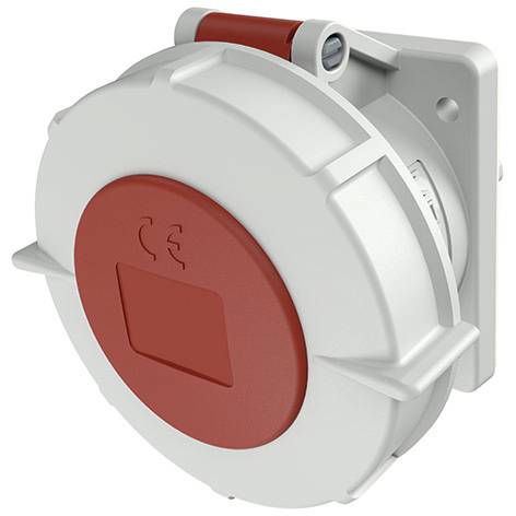Presa o connettore elettrico industriale rosso con coperchio a cerniera, mostrato in primo piano su sfondo bianco.