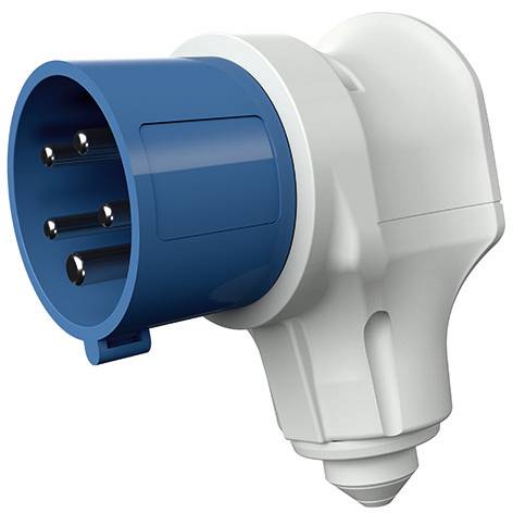 Connettore spina industriale blu con alloggiamento angolato bianco e quattro perni metallici