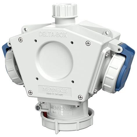 Scatola di connessione elettrica industriale bianca con porte laterali, etichettata DELTA-BOX e MENNEKES, mostrata su uno sfondo neutro.