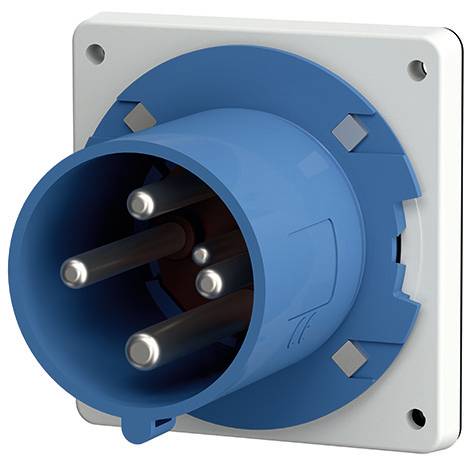 Spina elettrica industriale blu con quattro perni metallici montata su una piastra di presa murale quadrata.