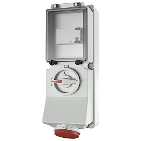 Scatola di commutazione elettrica esterna con coperchio trasparente e selettore rotativo ON/OFF, mostrata in posizione spenta con una spina rossa nella parte inferiore.