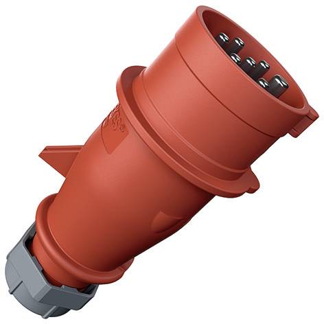 Connettore a spina elettrica industriale rosso con più contatti metallici e una base di bloccaggio grigia, mostrato isolato su sfondo bianco.