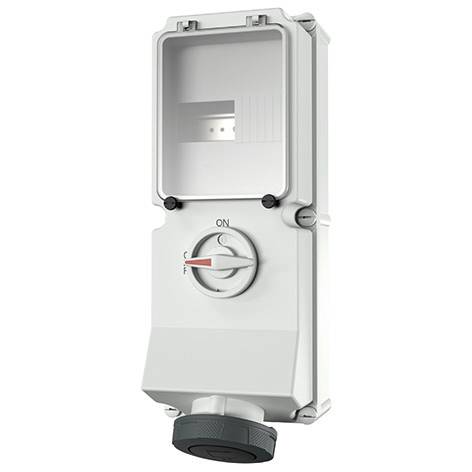 Presa contatore elettrico esterno con coperchio trasparente e interruttore rotativo ON, mostrato in vista frontale su sfondo bianco.