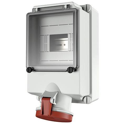Scatola di controllo elettrico per uso esterno con coperchio trasparente e connettore industriale rosso collegato nella parte inferiore.