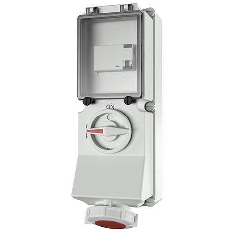 Scatola interruttore elettrico impermeabile con coperchio trasparente e selettore rotativo acceso/spento, mostrato in vista frontale su sfondo bianco.