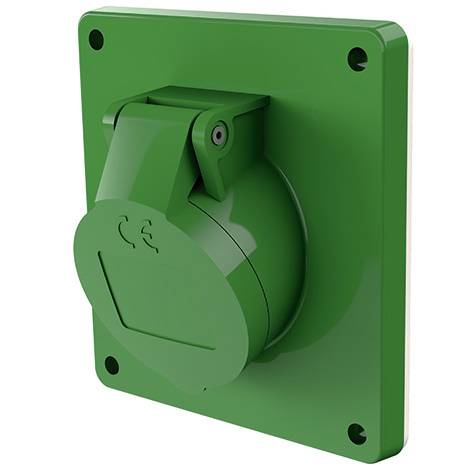 Presa elettrica industriale verde con coperchio a cerniera su una placca quadrata da parete, mostrata in 3D su sfondo bianco.