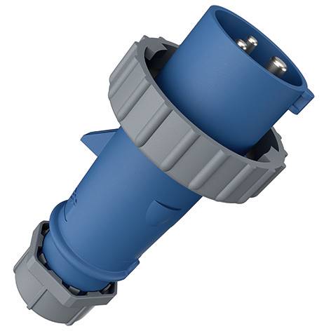 Connettore elettrico industriale blu e grigio mostrato in diagonale su sfondo bianco.