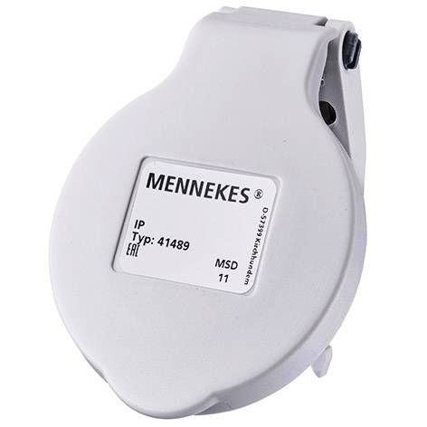 Copertura bianca per presa di corrente industriale MENNEKES etichettata con 'IP Typ: 41489' e 'MSD 11' su uno sfondo semplice.