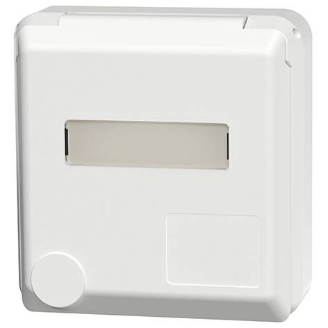 Scatola di connessione elettrica in plastica bianca con un'apertura rettangolare centrale, un foro di estrazione circolare in basso a sinistra e un piccolo pannello in basso a destra.