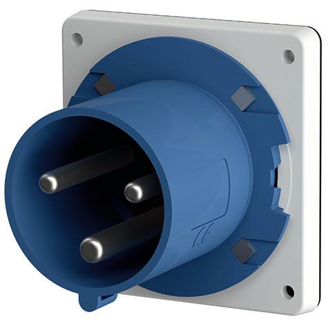 Spina elettrica industriale blu con tre perni metallici su una piastra di montaggio quadrata