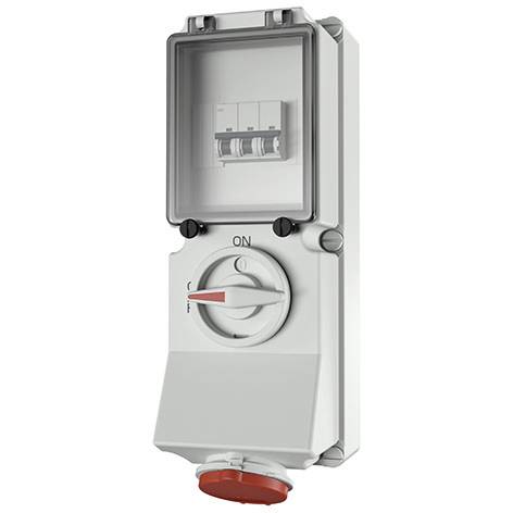 Contenitore di interruttori elettrici esterni con coperchio trasparente, interruttore rotativo ON/OFF e coperchio di presa inferiore rosso.