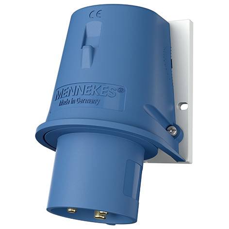 Connettore elettrico industriale blu da parete con marchio Mennekes e piastra di montaggio.