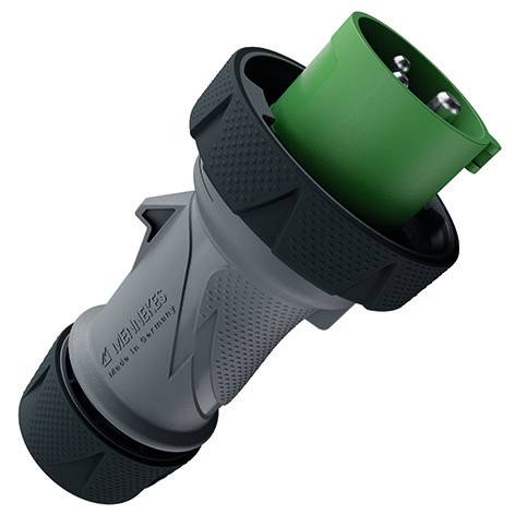 Adattatore per connettore elettrico industriale con alloggiamento nero e grigio e estremità di collegamento verde, mostrato su sfondo bianco.