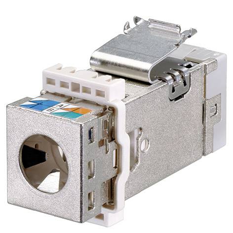 Primo piano di un modulo di presa di rete Ethernet schermato con alloggiamento in metallo e clip del connettore in plastica bianca.