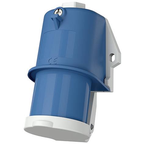 Spina/presa elettrica industriale blu con base bianca e staffa di montaggio grigia, mostrata in primo piano su uno sfondo neutro.