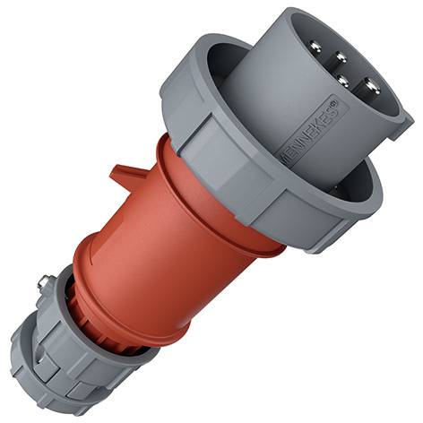 Connettore elettrico industriale rosso e grigio con più perni in metallo, mostrato diagonalmente su sfondo bianco.
