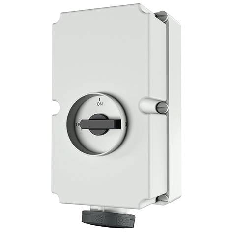 Scatola di comando elettrico bianca con controllo rotativo acceso/spento sulla parte anteriore e un ingresso per cavo nella parte inferiore.