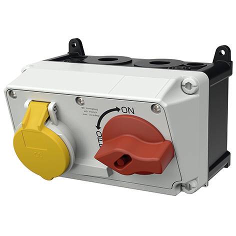 Scatola di commutazione elettrica industriale con manopola rotativa rossa accensione/spegnimento e coperchio presa giallo su involucro bianco e nero.