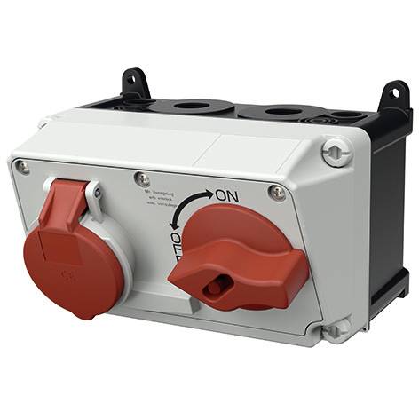 Scatola di interruttori elettrici industriali con due controlli rotativi rossi etichettati ON e OFF su un involucro bianco e nero.