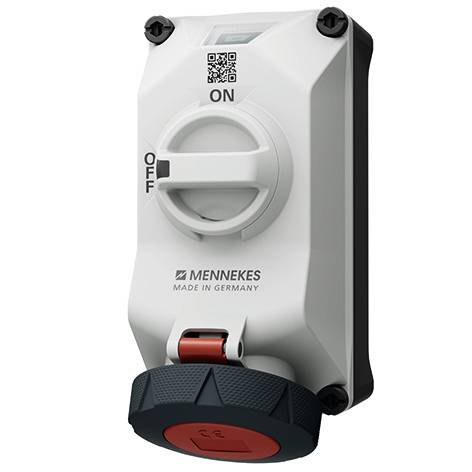 Interruttore elettrico Mennekes con controllo rotativo ON/OFF e copertura protettiva rossa per presa, isolato su sfondo bianco.