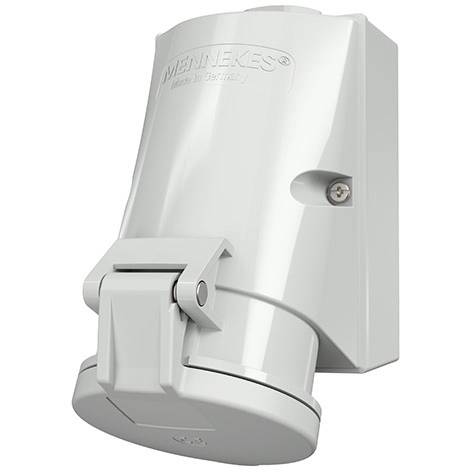 Connettore elettrico industriale Mennekes bianco con coperchio incernierato, mostrato in una vista prodotto frontale a tre quarti su sfondo bianco.