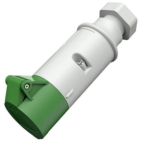 Adattatore per spina elettrica industriale bianco con cappuccio verde e estremità esagonale, mostrato su uno sfondo neutro.