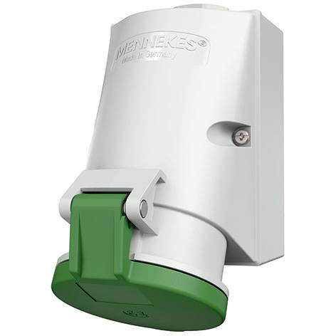 Presa elettrica industriale bianca con coperchio verde, marchio 'MENNEKES', mostrata in vista angolare del prodotto su sfondo bianco.