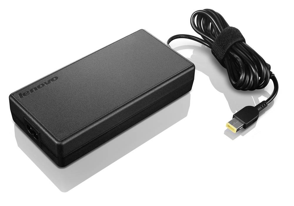 Adattatore di alimentazione per laptop Lenovo con cavo collegato e connettore con punta gialla