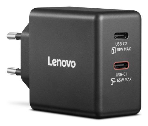 Caricabatterie da muro Lenovo con due porte USB-C: USB-C2 18W max e USB-C1 65W max.