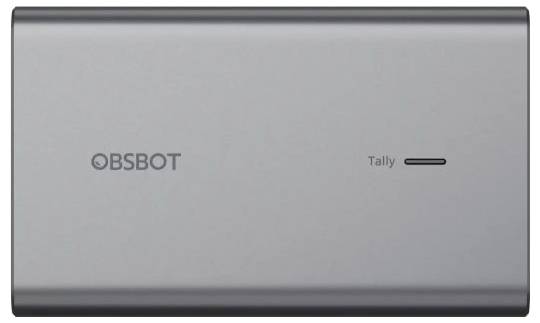 Dispositivo OBSBOT color argento mostrato frontalmente, con il logo OBSBOT sulla sinistra e una piccola fessura dell'indicatore "Tally" sulla destra.