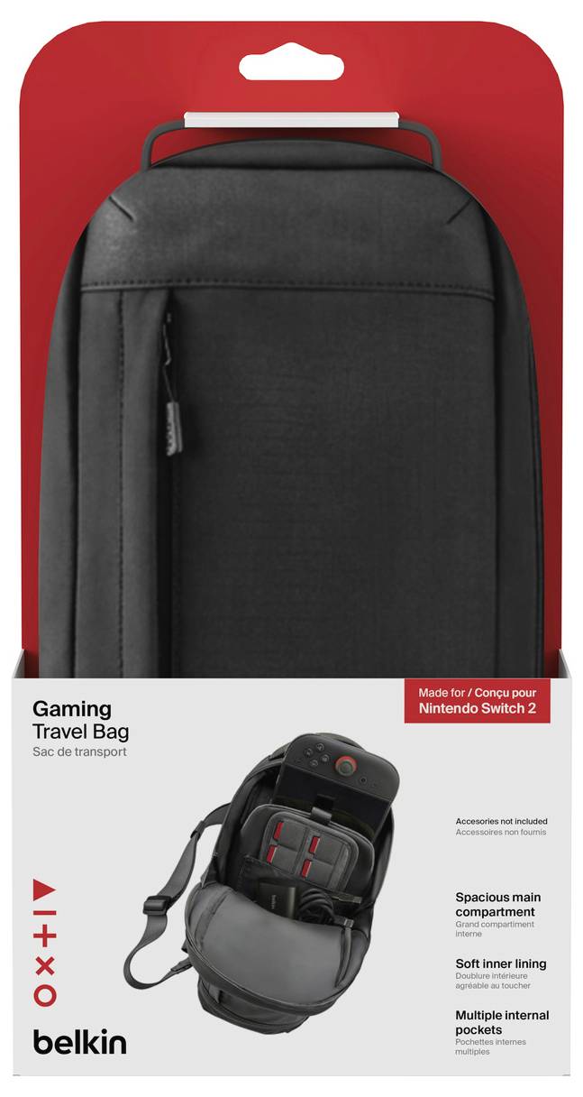 Confezione del prodotto di una borsa da viaggio per gaming Belkin per Nintendo Switch 2, con la borsa nera e l'interno con scomparti, cinghie e la console Switch.