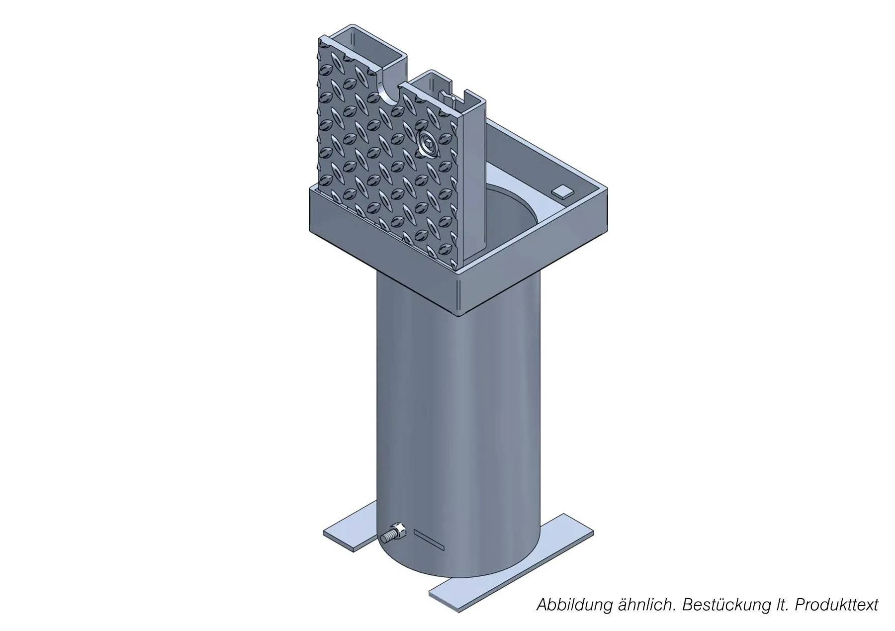 Illustrazione 3D di un montante metallico cilindrico con piastra di montaggio perforata e staffa superiore, presentato come rendering tecnico del prodotto.