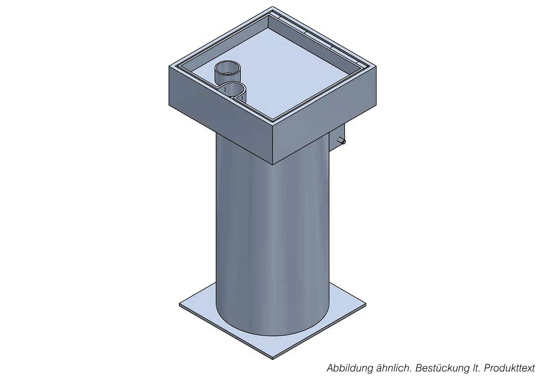 Rendering tecnico 3D di un piedistallo o colonna cilindrica con vassoio quadrato in cima e piastra di base, che assomiglia a un supporto di montaggio o palo.
