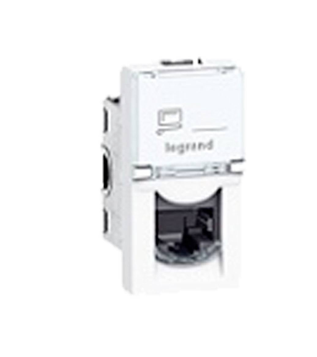 Modulo connettore per cavi a parete Legrand bianco con apertura porta frontale.