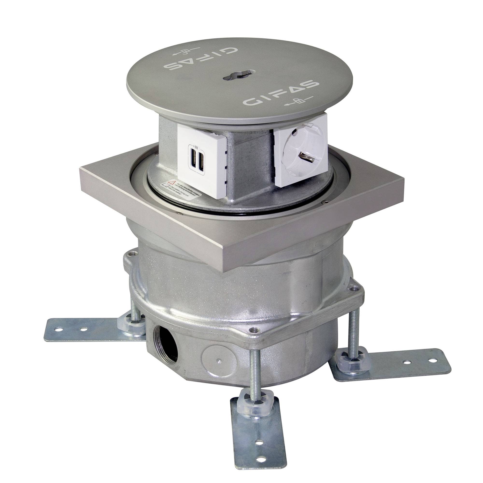 Scatola di presa elettrica rotonda in metallo per pavimento con staffette di montaggio regolabili e modulo pop-up per energia/dati