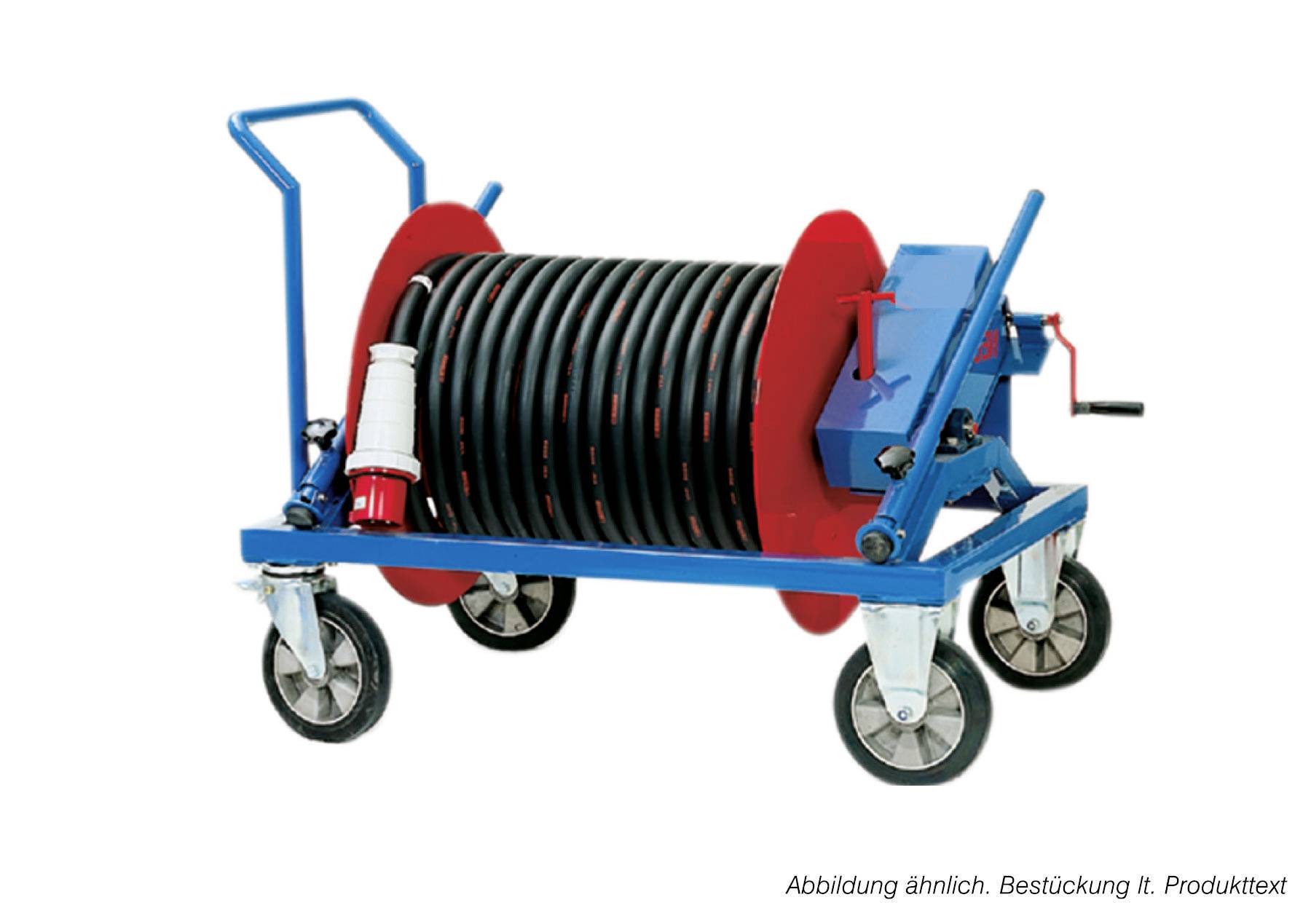 Carrello avvolgirubo industriale con un ampio tubo nero arrotolato, telaio in metallo blu, fiancate del rullo rosse e quattro ruote per il trasporto e l'immagazzinamento.