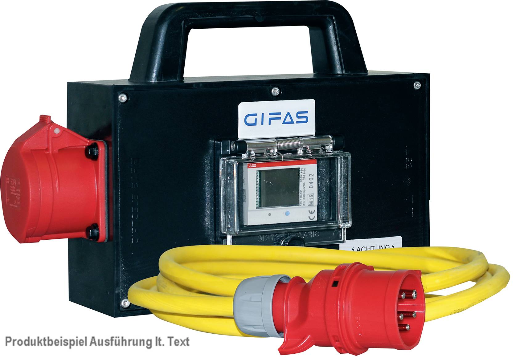 Scatola di distribuzione elettrica portatile nera con spina industriale rossa e cavo giallo, etichettata con "GIFAS" e "Esempio di prodotto Esecuzione secondo testo".