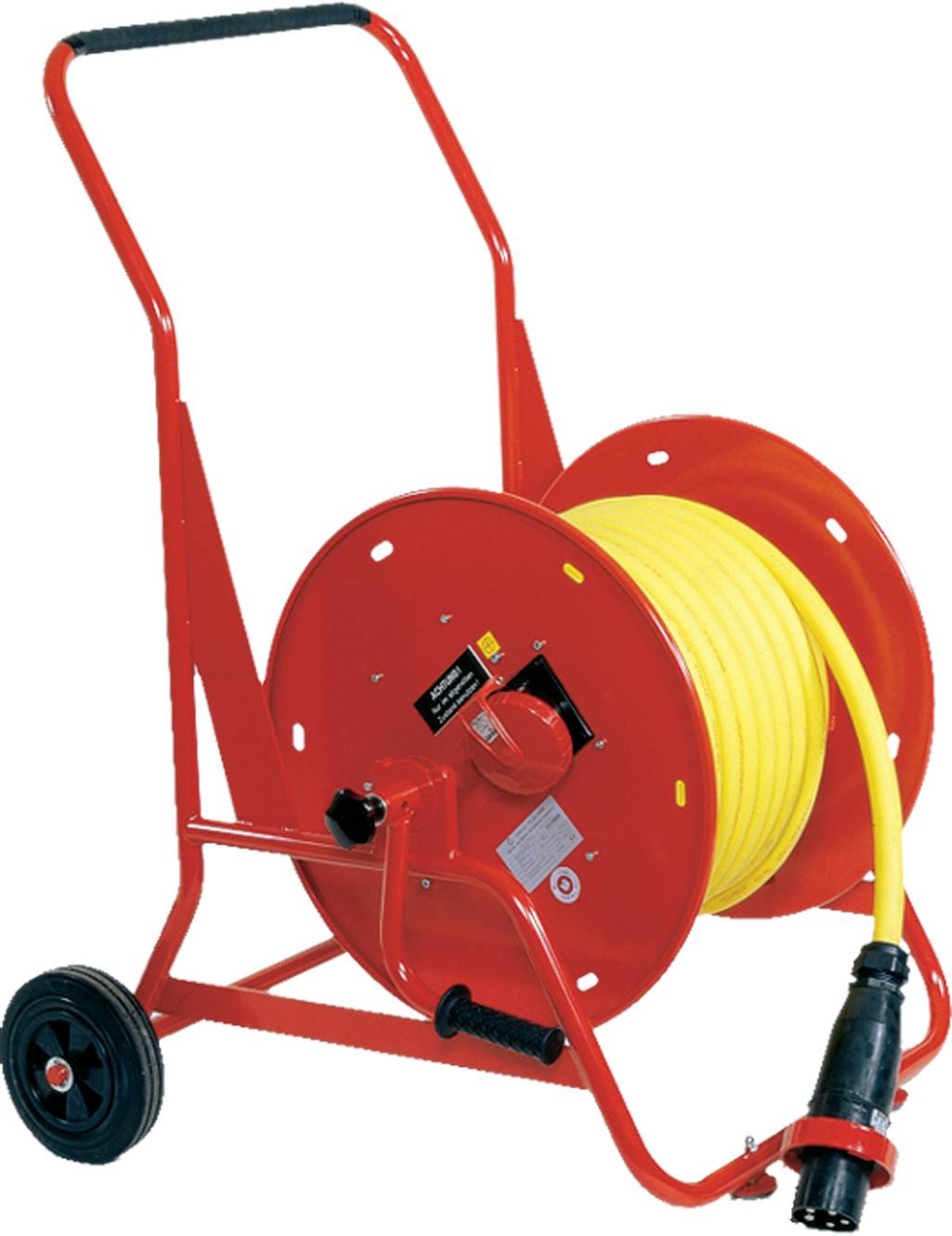 Carrello rosso con avvolgitore di tubo munito di ruote nere, che sostiene un lungo cavo o tubo giallo arrotolato su una struttura in metallo rosso.